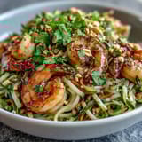 Vibrant rice noodles tossed with sautéed shrimp, zucchini, and carrots in an Asian-inspired sauce, garnished with roasted peanuts and lime wedges.