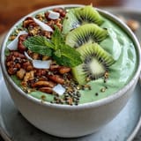 A vibrant green smoothie bowl with spinach and avocado, topped with kiwi shamrock and crunchy granola for a festive St. Patrick's Day breakfast.