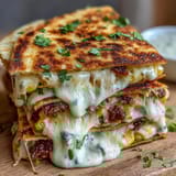 Golden quesadillas bursting with charred corn, jalapeño, and spices, topped with Cotija cheese and drizzled with zesty chipotle crema.