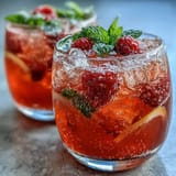 Vibrant nonalcoholic raspberry lemon spritz mocktail garnished with mint, lemon slices, and whole raspberries over ice.  