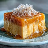 Golden mango agar-agar cubes glistening with sweet coconut milk, a perfect chilled dessert.