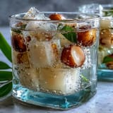 Delicate lychee agar jelly cubes glistening in bright, bubbly yuzu water, perfect refreshment.