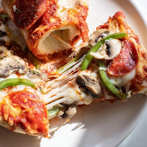 Slices of homemade Stuffed Crust Pizza featuring pepperoni, bell peppers, and mushrooms on a marble counter.