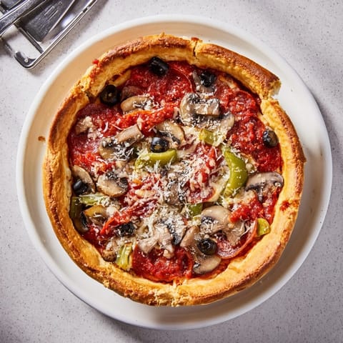 Freshly baked Chicago-style Deep Dish Pizza with a golden, buttery crust and bubbling tomato sauce, loaded with mozzarella and pepperoni.