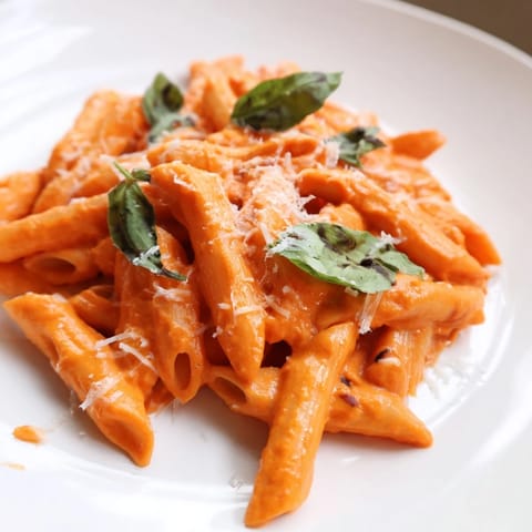 A skillet of homemade roasted red pepper pasta with penne, creamy sauce, and a sprinkle of red pepper flakes.  
