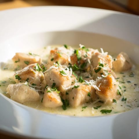 Tender Creamy Garlic Chicken Bites served over pasta with a creamy, garlic-infused sauce ready to eat.
