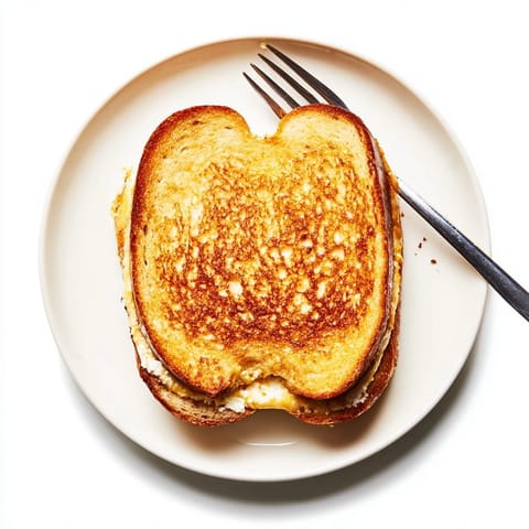A plate with a cut Whipped Feta Spring Grilled Cheese, revealing dill flecks and lemon zest.