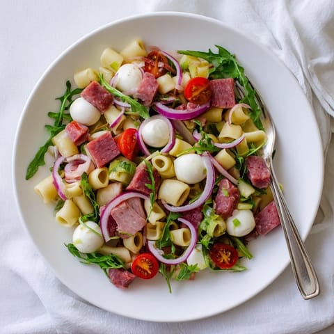 A vibrant bowl of Spring Antipasto Pasta Salad with ditalini, peppery arugula, salami, and mozzarella pearls in a zesty dressing.