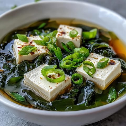 Steaming bowl of wakame soup with silken tofu and sliced scallions in delicate dashi broth.
