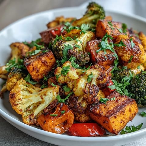 Vibrant Anti-Inflammatory Turmeric Roasted Vegetables fresh from the oven, featuring golden cauliflower, broccoli, and sweet potatoes with a hint of smoked paprika.