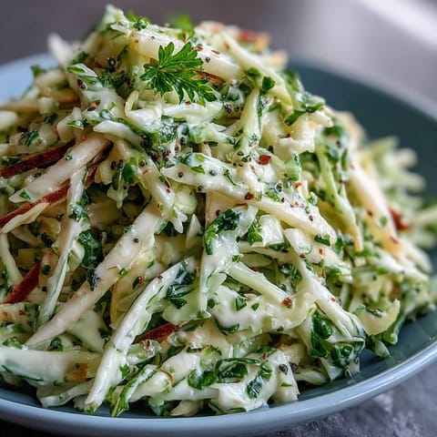A bowl of homemade Green Cabbage and Apple Slaw with crisp shredded vegetables and a creamy tangy dressing, perfect for picnics.  