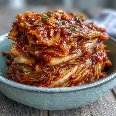 A jar of homemade kimchi featuring crisp napa cabbage and daikon radishes in a vibrant red chili paste, ready for fermentation.