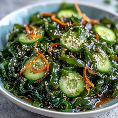 A vibrant bowl of Seaweed Salad featuring rehydrated wakame, julienned carrots, and scallions tossed in a zesty soy-ginger dressing.  