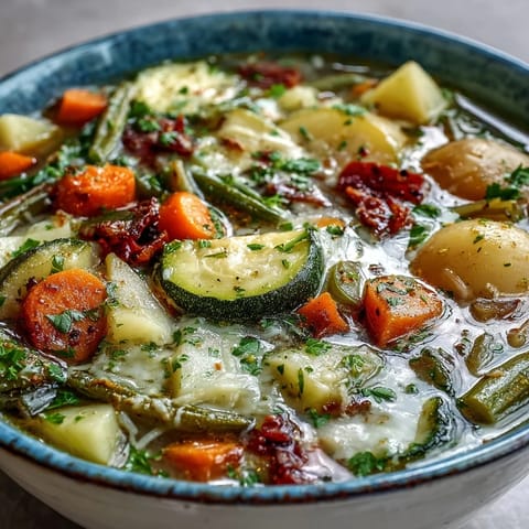 Hearty Parmesan Veggie Soup simmering in a pot, with tender carrots, celery, and zucchini in a rich tomato-based broth.  