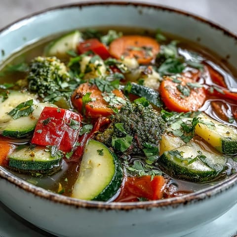 A warm bowl of Ginger Vegetable Soup with colorful carrots, broccoli, and zucchini in a savory broth.