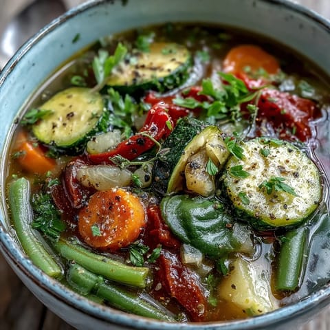 A warm bowl of Italian Herb Vegetable Soup with spinach and diced tomatoes, garnished with fresh parsley.