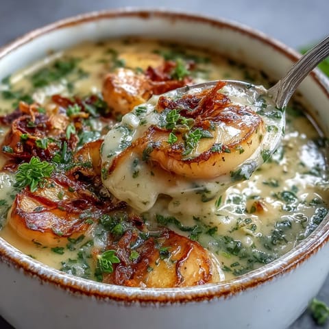 A warm, creamy Roasted Garlic and Herb Soup served in a rustic bowl with fresh chives and crusty bread on the side.