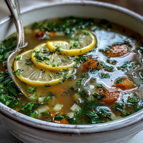 Bright yellow Lemon Herb Soup steaming in a rustic bowl, garnished with fresh dill, parsley, and a lemon slice on a wooden table.