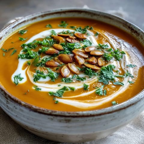 A bowl of creamy pumpkin soup garnished with toasted seeds and a swirl of cream, perfect for cozy autumn meals.