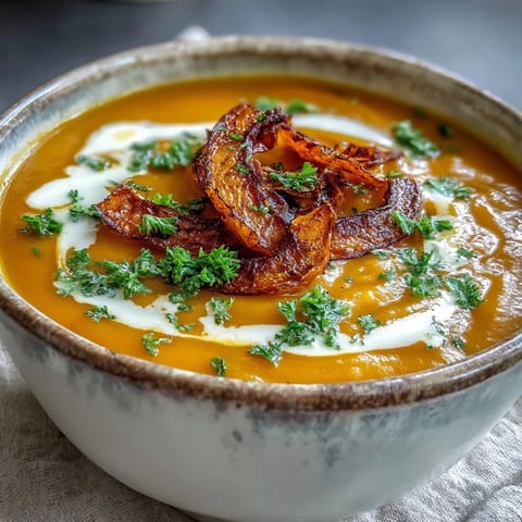 Velvety pumpkin soup blended with warming spices, served steaming in a rustic bowl with fresh herbs for garnish.
