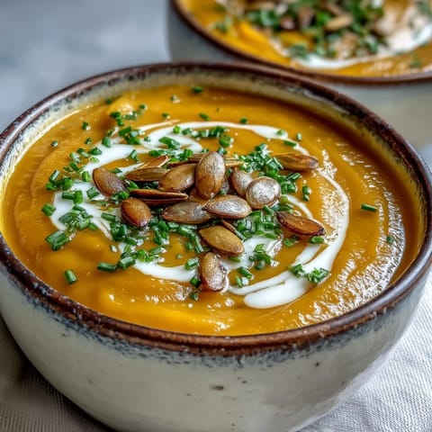 Roasted acorn squash soup served warm in a rustic bowl with toasted pumpkin seeds and fresh chives.