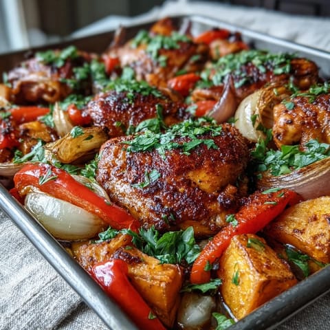 Golden-brown piri-piri chicken thighs with roasted sweet potato wedges and bright bell peppers on a traybake.