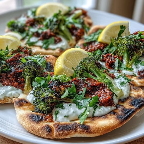 Roasted Harissa Broccoli and Flatbreads topped with Greek yogurt and cilantro.