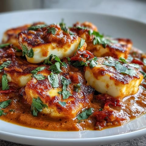 A spoon lifts creamy Halloumi and Tomato Curry from a skillet, served over steaming white basmati rice and garnished with cilantro.