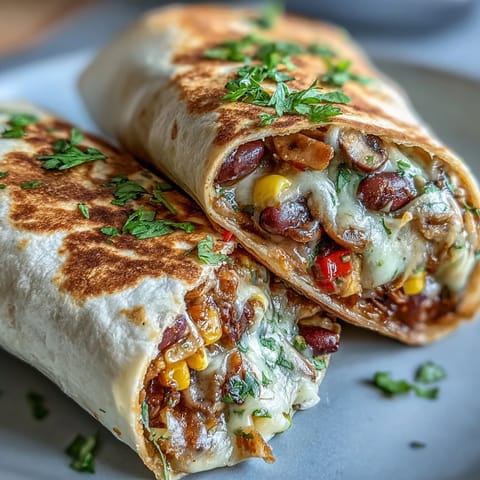 Close-up of a hearty Veggie Burrito with sautéed mushrooms, beans, and corn, topped with creamy avocado slices and a dollop of sour cream.