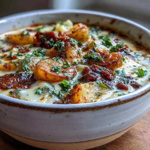 Hearty Potato, Leek and Chorizo Soup ladled into a rustic bowl, garnished with fresh parsley and smoky chorizo bits, served with crusty bread on the side.