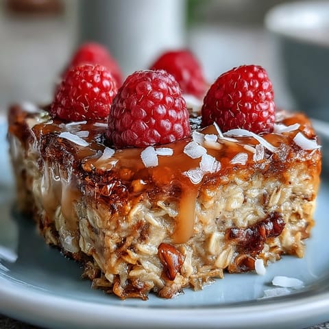 Golden squares of Baked Oatmeal with Raspberry and Coconut topped with fresh berries.