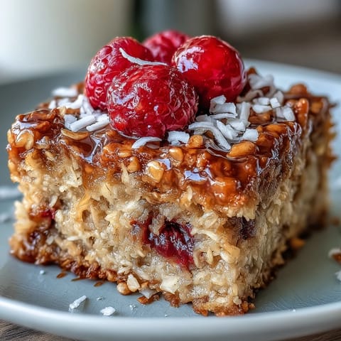 A close-up slice of Baked Oatmeal with Raspberry and Coconut showing moist oats and coconut.