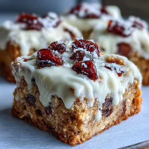A close-up shows Cranberry Bliss Bars with glossy white chocolate drizzle and a sprinkle of dried cranberries, ideal for holiday gatherings.