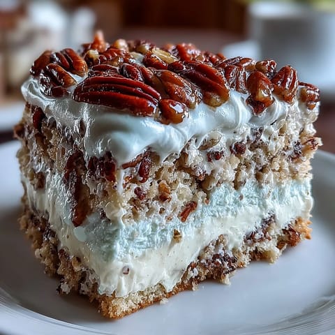 Butter Pecan Tres Leches Cake with toasted pecans in caramelized butter, drizzled generously over fluffy whipped topping.