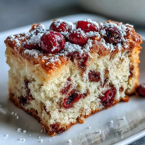 Freshly baked Cranberry Orange Breakfast Cake with a tender crumb, dotted with vibrant orange zest and tart cranberries on a rustic plate.
