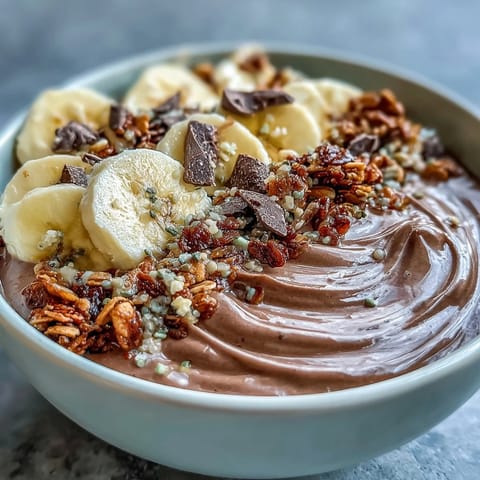 A close-up of a Chunky Monkey smoothie bowl, showing thick, chocolatey texture with peanut butter drizzle and chocolate chips.