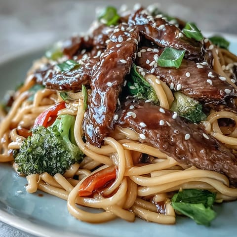 Sizzling flank steak with crisp broccoli and bell peppers tossed in garlic-ginger sauce over rice noodles.