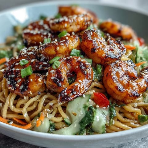 15-Minute Asian Noodle Bowl with grilled shrimp sits beside lime wedges and fresh veggies, ready for a quick weeknight meal.