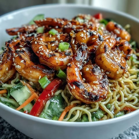Succulent grilled shrimp and colorful vegetables top a bowl of sesame noodles dressed with zesty sauce.