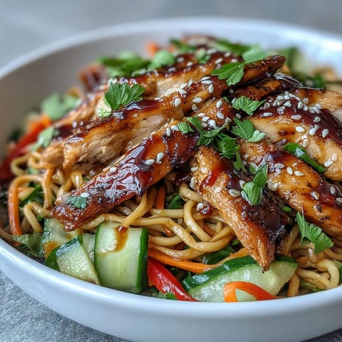 Tender chicken and fresh vegetables fill this Asian Chicken Noodle Bowl, garnished with sesame seeds and cilantro for a quick weeknight dinner.