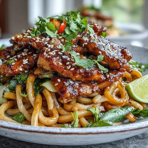 Golden brown chicken, crisp veggies, and spring onions top glossy noodles in a Sesame Chicken Noodle Bowl garnished with sesame seeds and lime wedges.
