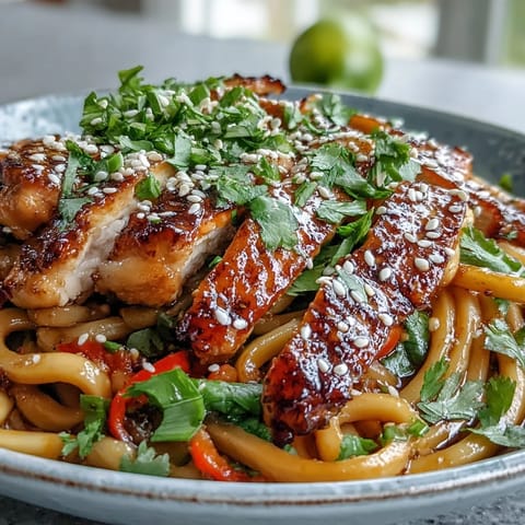 Stir-fried chicken, carrots, and snap peas are tossed with noodles and a savory sesame ginger sauce in a serving bowl for this Sesame Chicken Noodle Bowl.