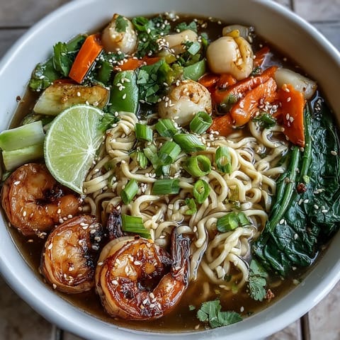 Colorful bowl of rice noodles topped with plump shrimp, scallops, and crisp vegetables, served in aromatic Asian broth.  