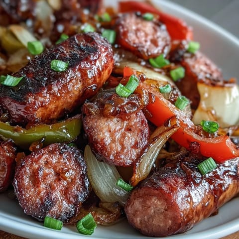 Sheet Pan Sausage and Peppers: juicy sausages roasted with sweet bell peppers and onions for a colorful, hearty dinner.
