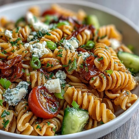 Lemon Vinaigrette Pasta Salad with Cucumbers and Cherry Tomatoes: A bright, refreshing pasta salad tossed with crisp cucumbers, juicy cherry tomatoes, and a tangy lemon vinaigrette, perfect for summer gatherings.