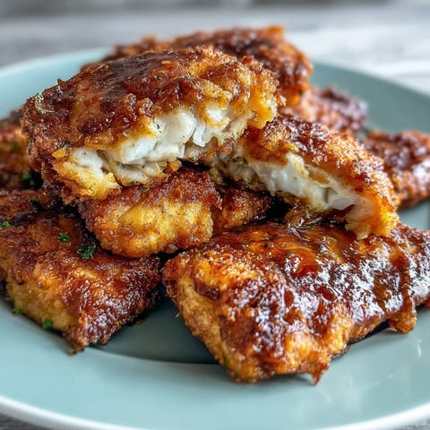 Golden-brown fried catfish fillets coated in cornmeal, served hot with creamy remoulade sauce—a Southern comfort food favorite.  