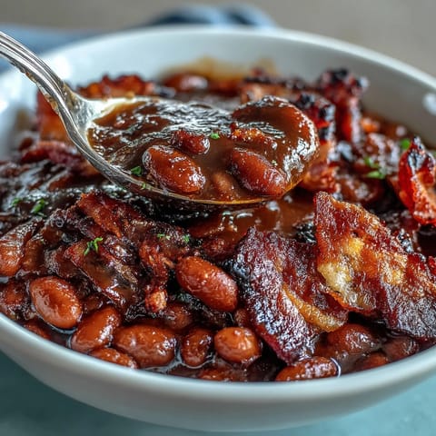 1. A hearty skillet of baked beans with crispy bacon, sweet brown sugar, and smoky paprika, perfect for summer BBQs.  