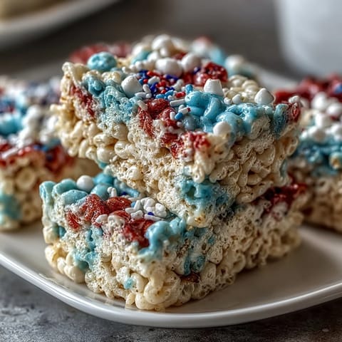 Patriotic Rice Krispies Treats with vibrant red, white, and blue layers, perfect for Fourth of July celebrations.
