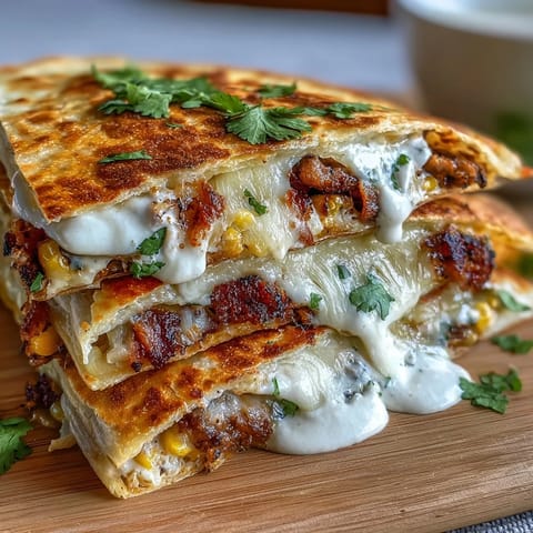 Crispy Cinco de Mayo street corn quesadillas loaded with roasted corn, melted cheese, and fresh cilantro, served with smoky chipotle crema.