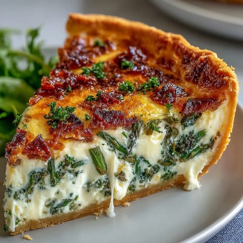 A golden quiche filled with tender asparagus and creamy Brie, perfect for a festive Mother's Day brunch table.